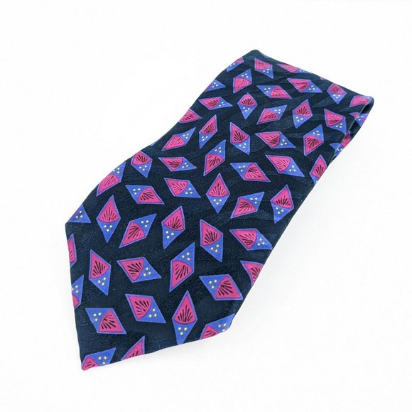 Serica Tie Black Pink Purple Yellow Art Deco Abstract Print Pure Italian Silk - Picture 7 of 7